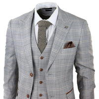 Francis Men's Grey 3-Piece Wedding Suit with Tan Brown Check and Velvet Trim