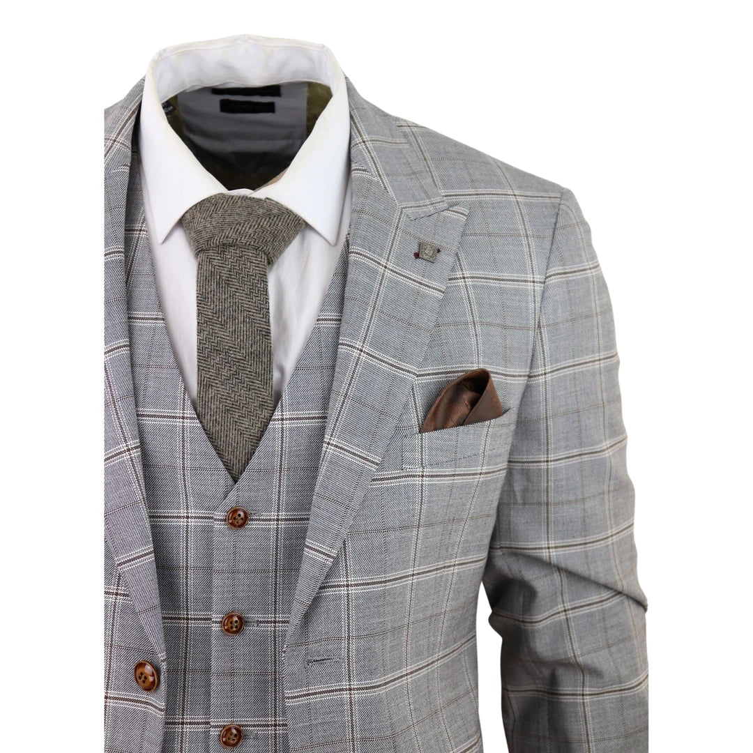 Francis Men's Grey 3-Piece Wedding Suit with Tan Brown Check and Velvet Trim