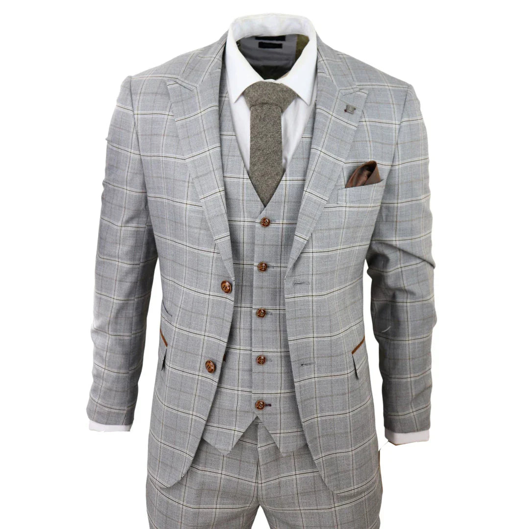 Francis Men's Grey 3-Piece Wedding Suit with Tan Brown Check and Velvet Trim