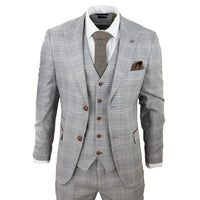 Francis Men's Grey 3-Piece Wedding Suit with Tan Brown Check and Velvet Trim
