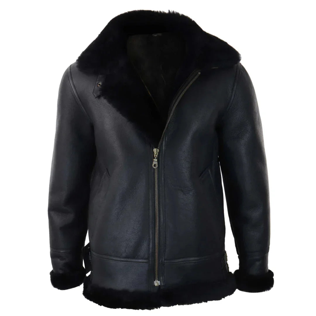 Men's Black Leather Sherling Sheepskin Hood Jacket Aviator Flying Pilot