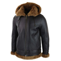Men's Brown Leather Sherling Sheepskin Hood Jacket Aviator Flying Pilot