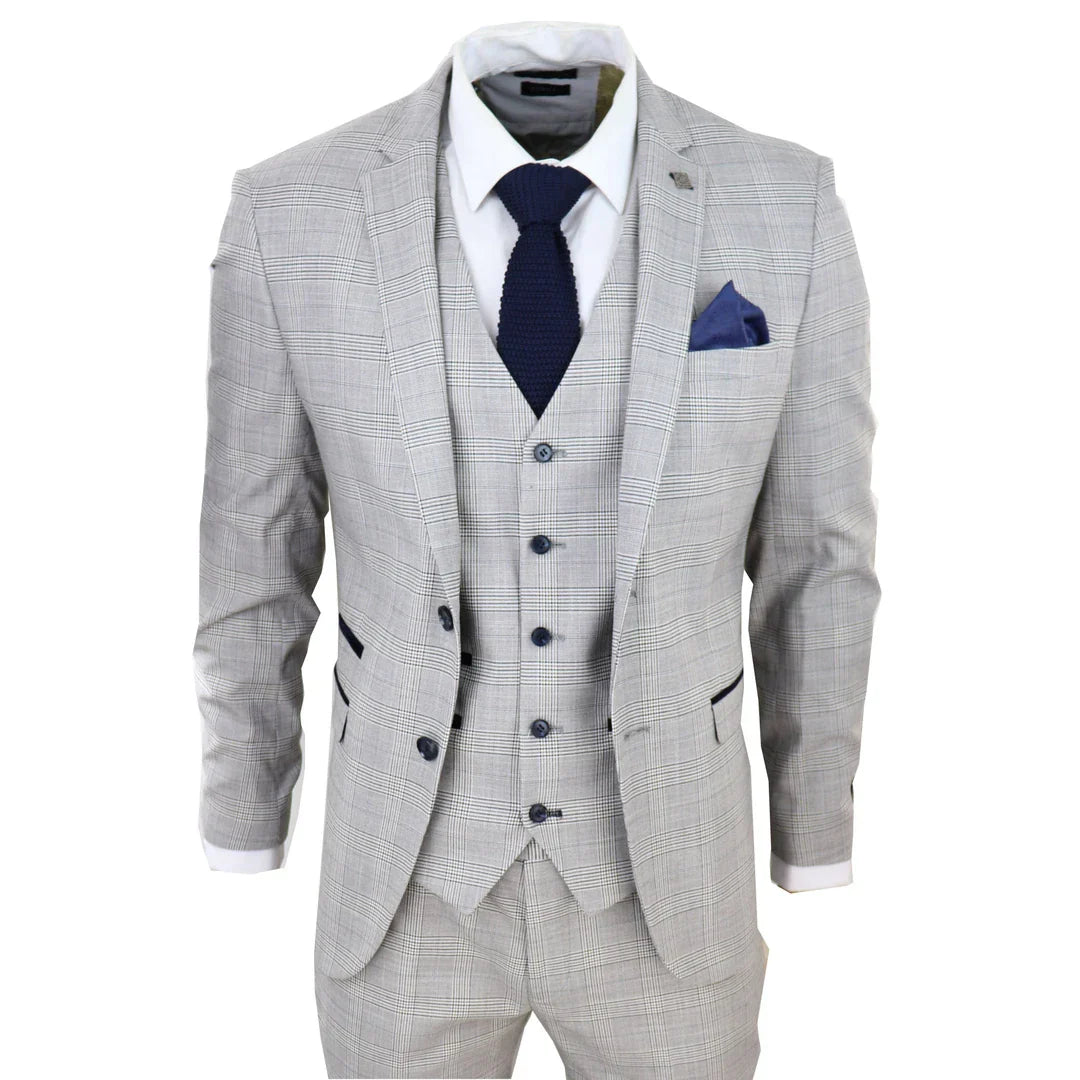 Hugo Men's Light Grey 3-Piece Suit with Navy Blue Check and Velvet Trims