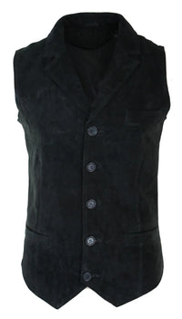 Mens Real Suede Leather Black Smart Casual Gilet Waistcoat Vintage Retro