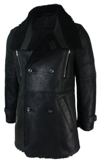 Mens Black 3/4 Military Real Sherling Sheepskin Batman Bane Double Breasted