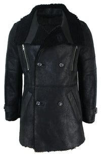 Mens Black 3/4 Military Real Sherling Sheepskin Batman Bane Double Breasted