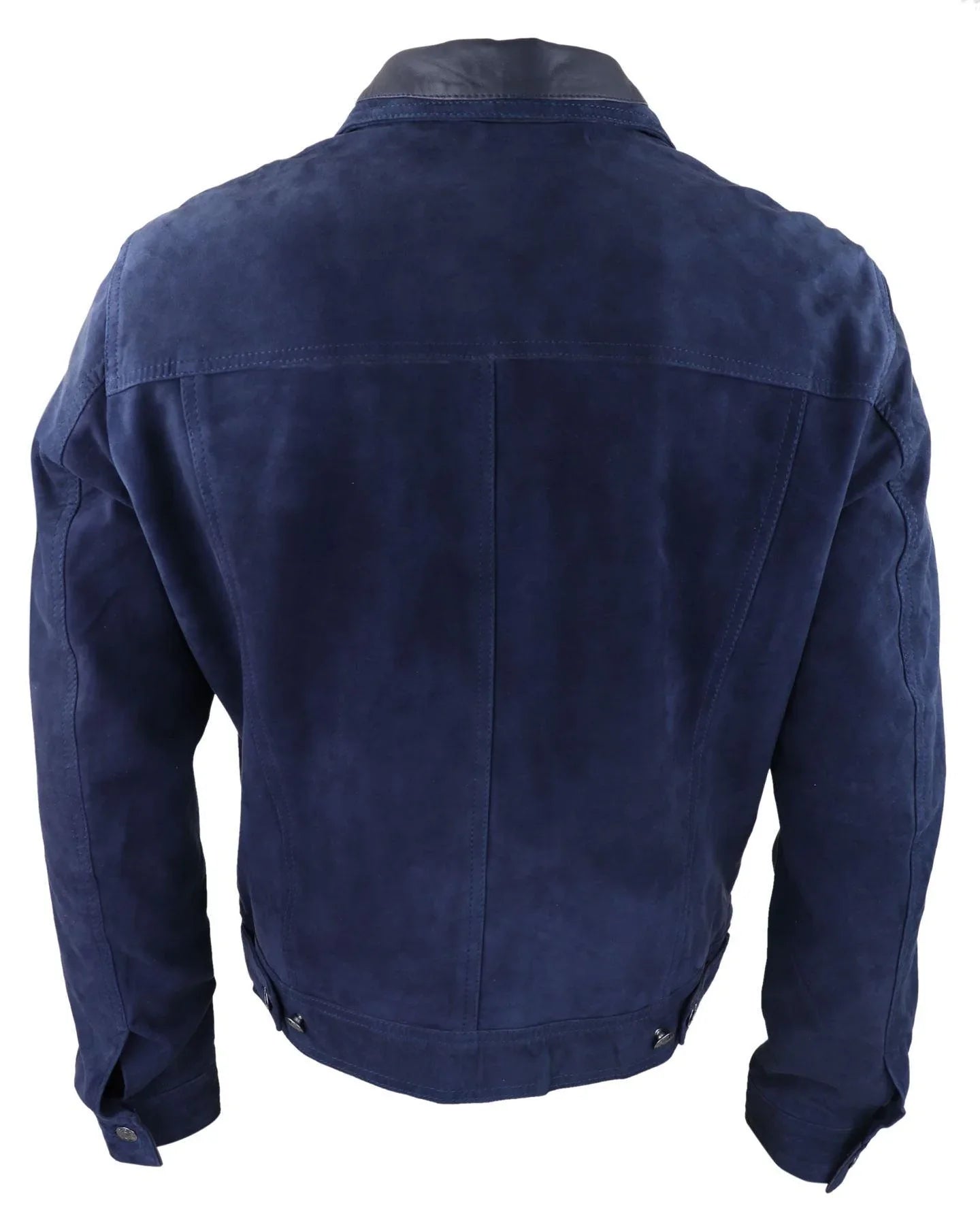 Mens Genuine Suede Jacket Leather Jeans Denim Short Mens Biker Classic Vintage Navy