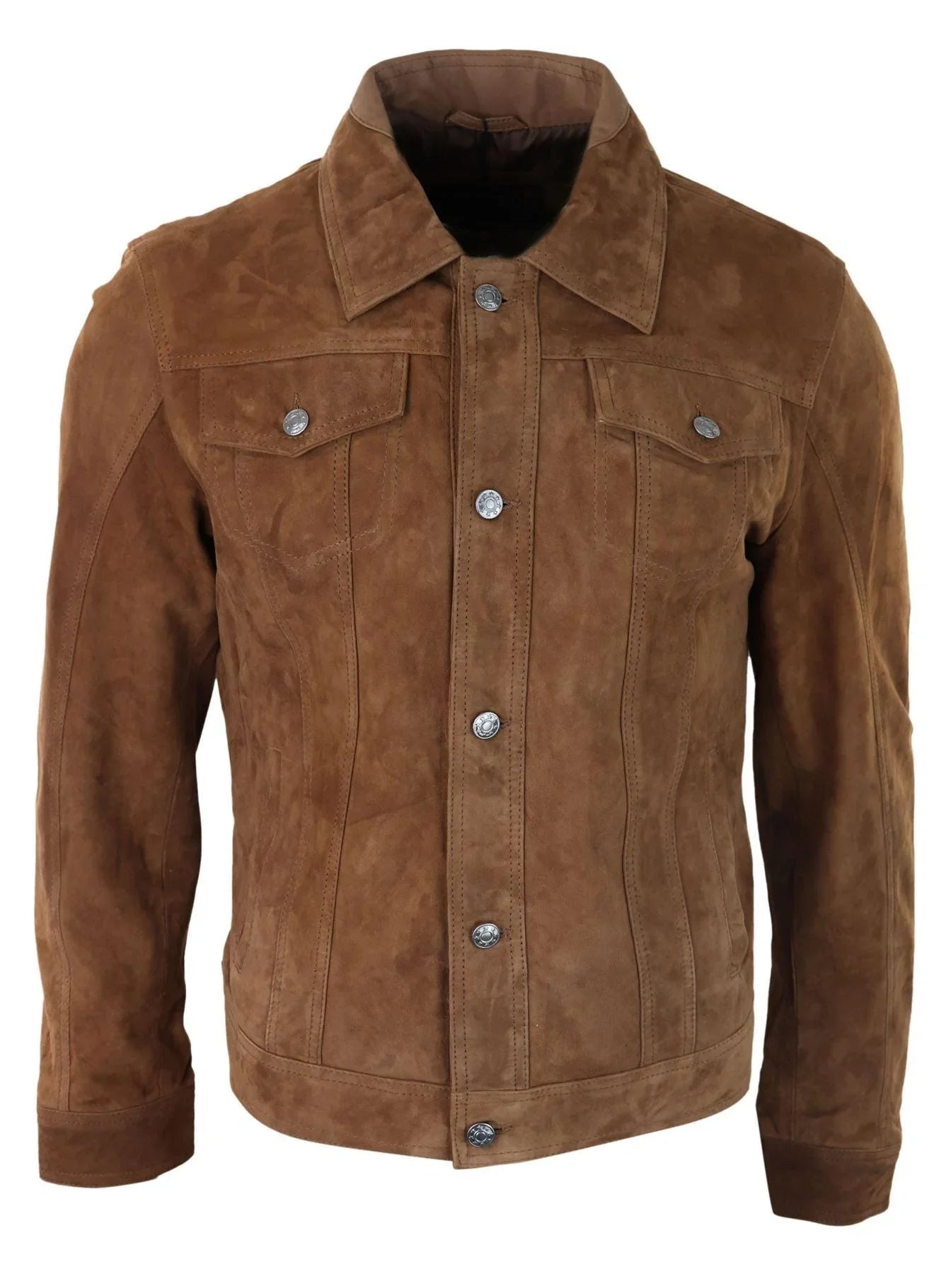 Mens Genuine Suede Jacket Leather Jeans Denim Short Mens Biker Classic Vintage Tan