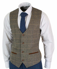 Marc Darcy Dion - Mens Blue Tan Brown 3 Piece Herringbone Tweed Check Vintage Tailored Fit Suit