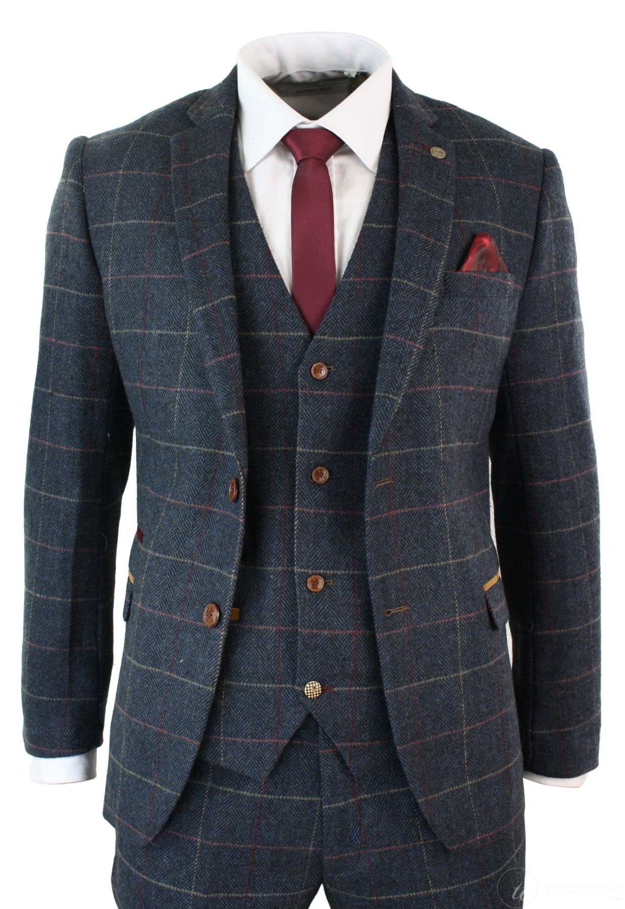 Mens Navy Blue Wine Check Herringbone Tweed Vintage 3 Piece New Marc Darcy Suit