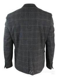 Mens Grey Check Herringbone Tweed Vintage Fit Blazer Jacket Blue Velvet Trim-Grey