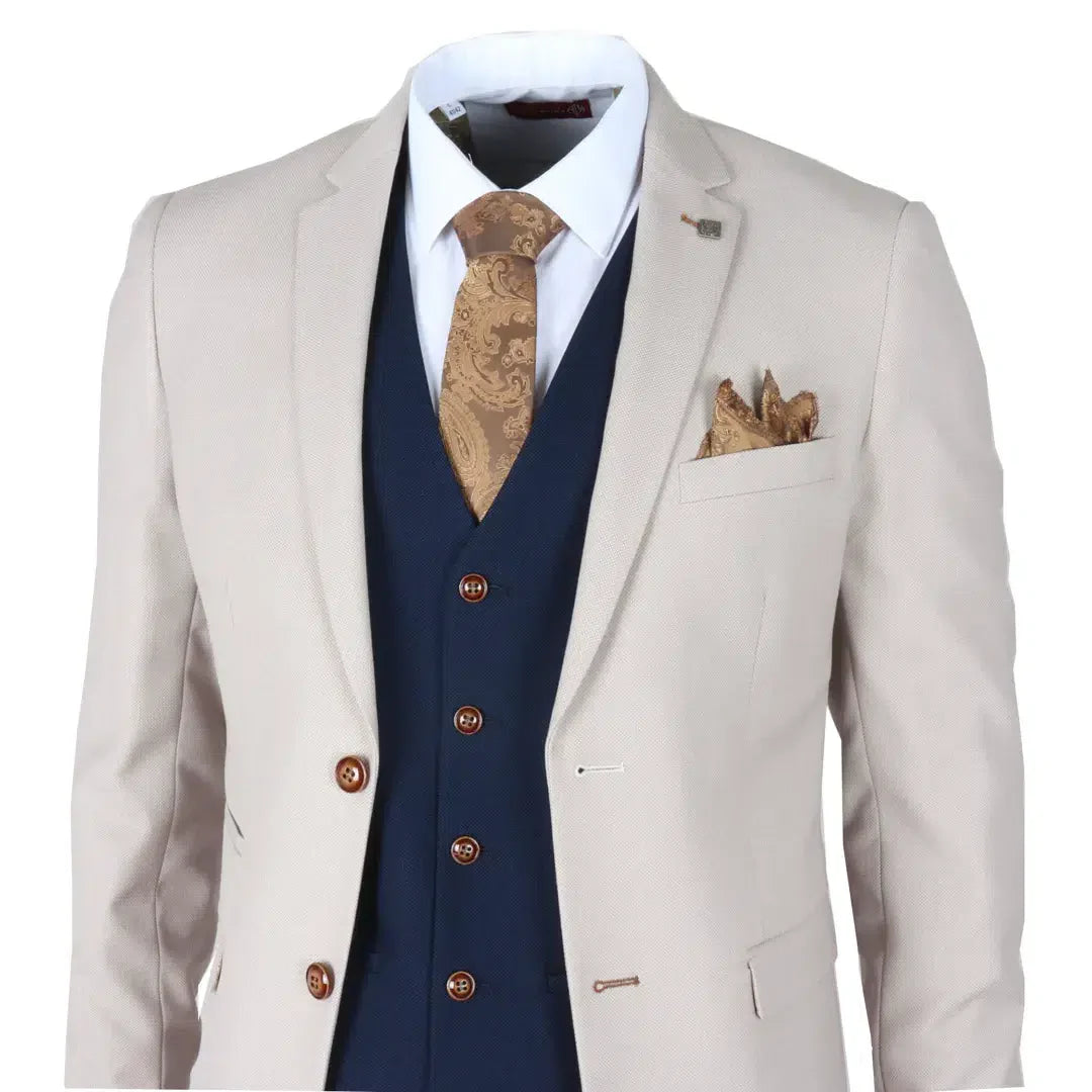 Mayfair - Men's 3 Piece Cream Suit With Navy Waistcoat