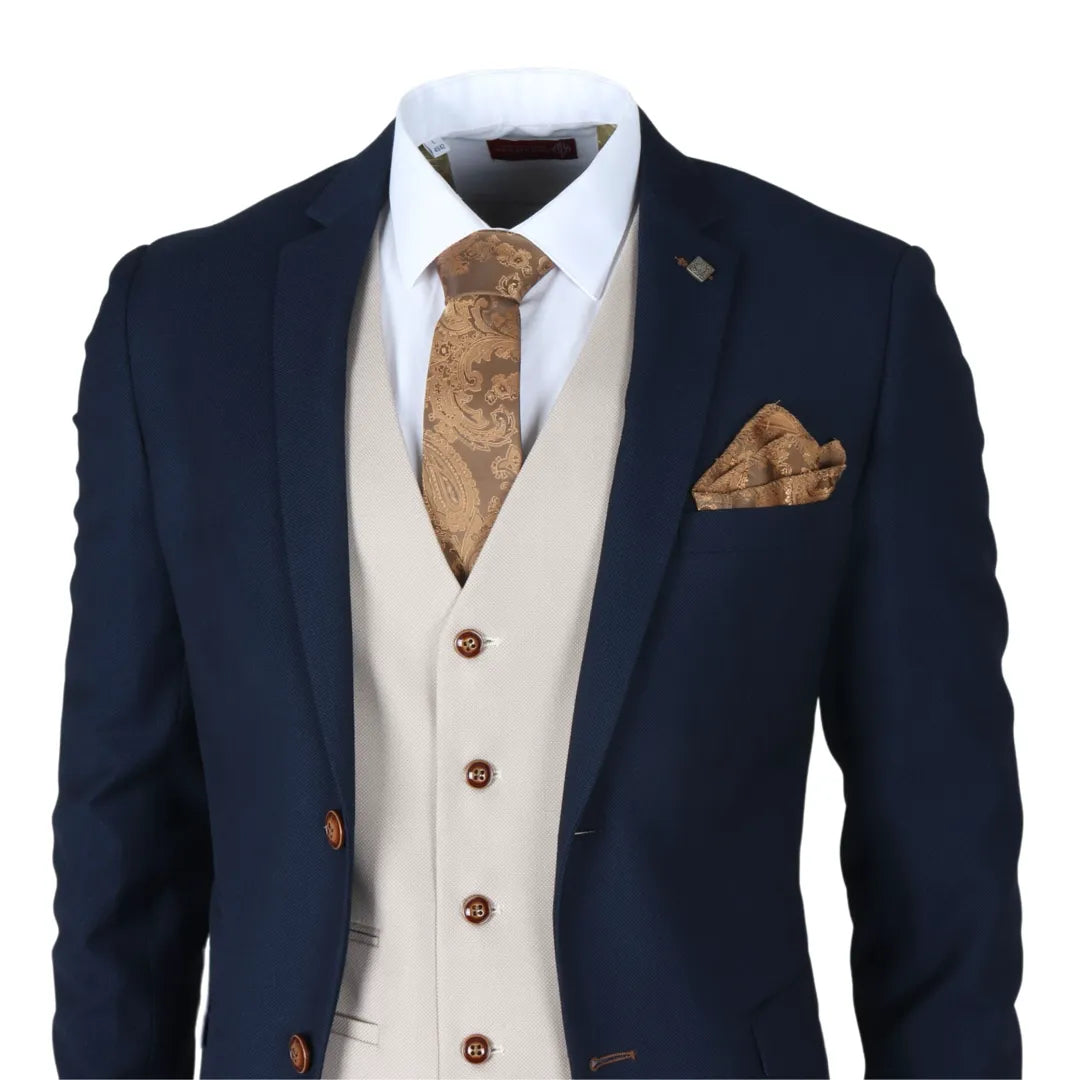 Mayfair - Men's 3 Piece Navy Suit With Cream Waistcoat