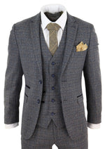 Mens 3 Piece Tweed Check Suit - Navy Blue