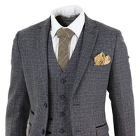 Mens 3 Piece Tweed Check Suit - Navy Blue