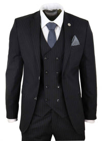 Mens  Black 3 Piece Pinstripe Suit