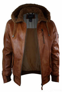 Mens Real Leather Hood Fur Jacket Bomber Aviator Vintage Brown Retro-Tan