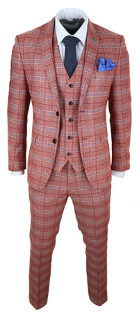 Mens Red 3 Piece Tweed Check Suit