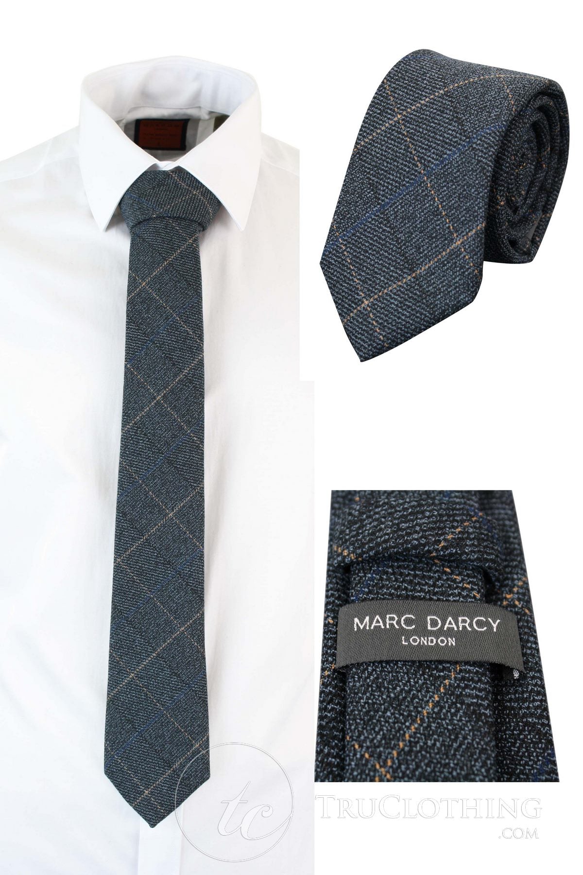 Mens Tweed Herringbone Textured Marc Darcy Ties Classic Vintage Retro Scott Blue