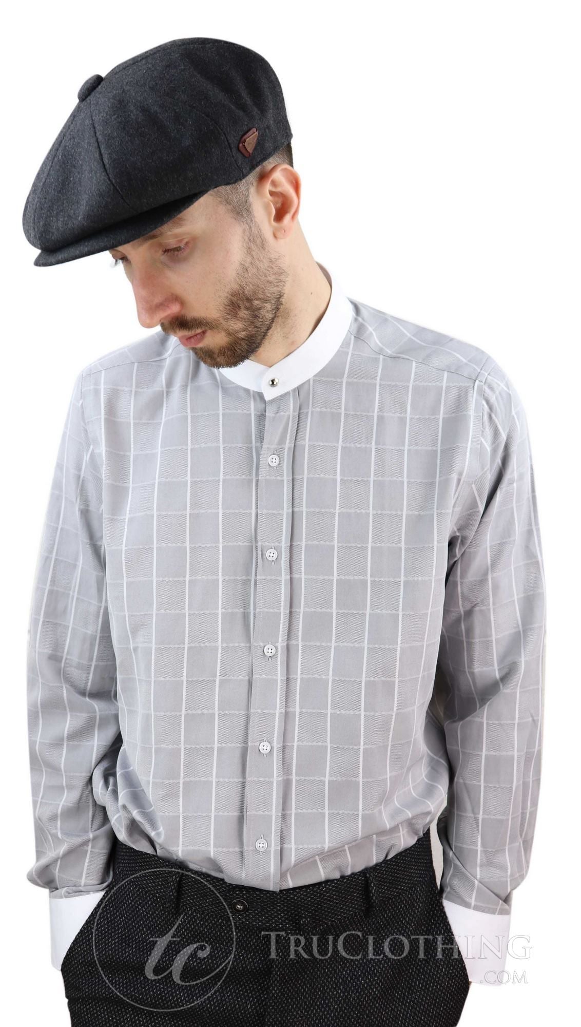 Mens Vintage Check Pattern Shirt with Removable Collar