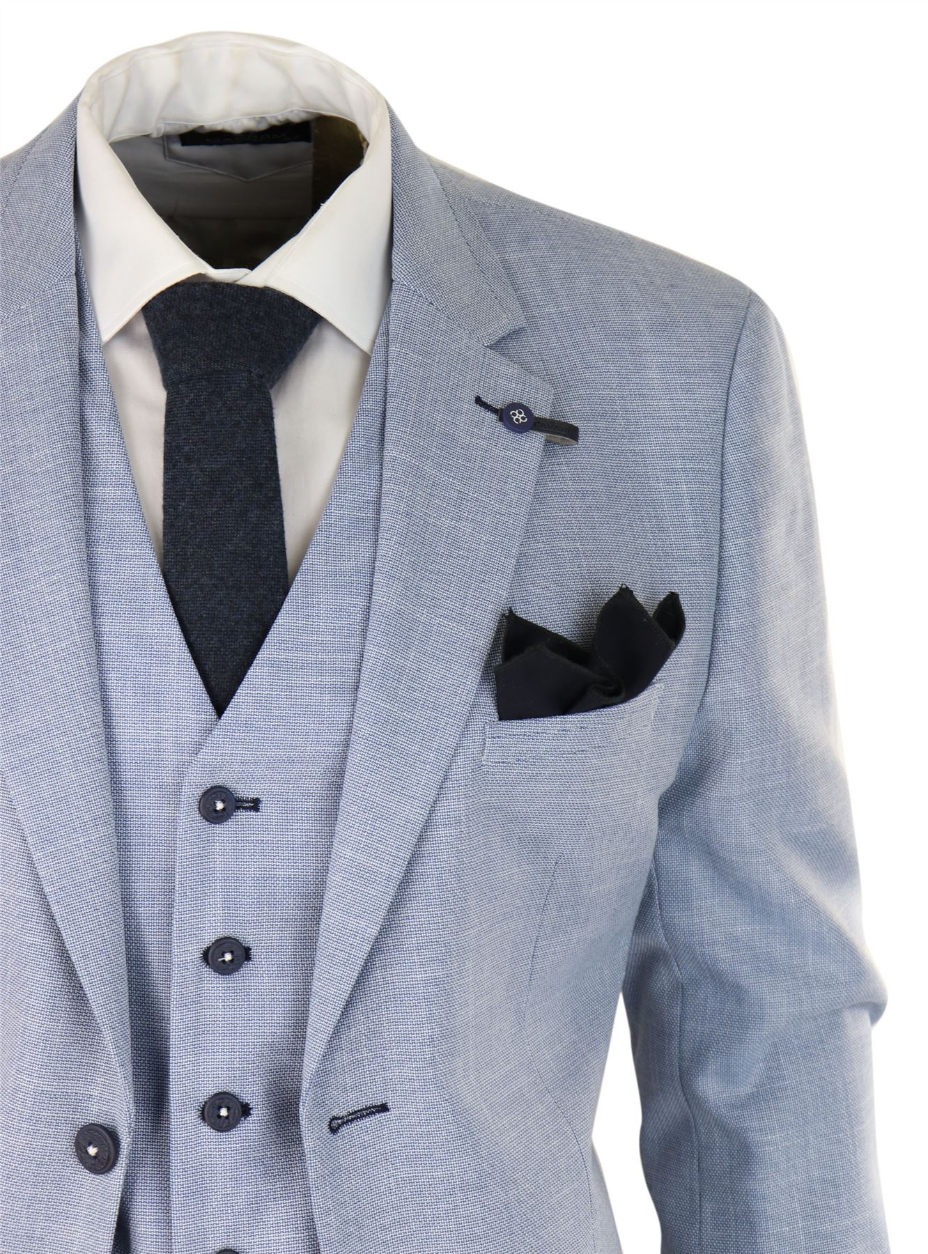 Mens 3 Piece Suit Light Blue Summer Linen Tailored Fit Wedding Prom Classic