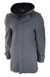 Mens 3/4 Long Overcoat Grey Jacket Coat Removable Hood Smart Casual Winter Warm Wool