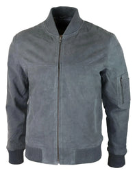 Mens Genuine Suede Bomber Jacket Leather Casual Varsity VIntage Smart Casual Grey