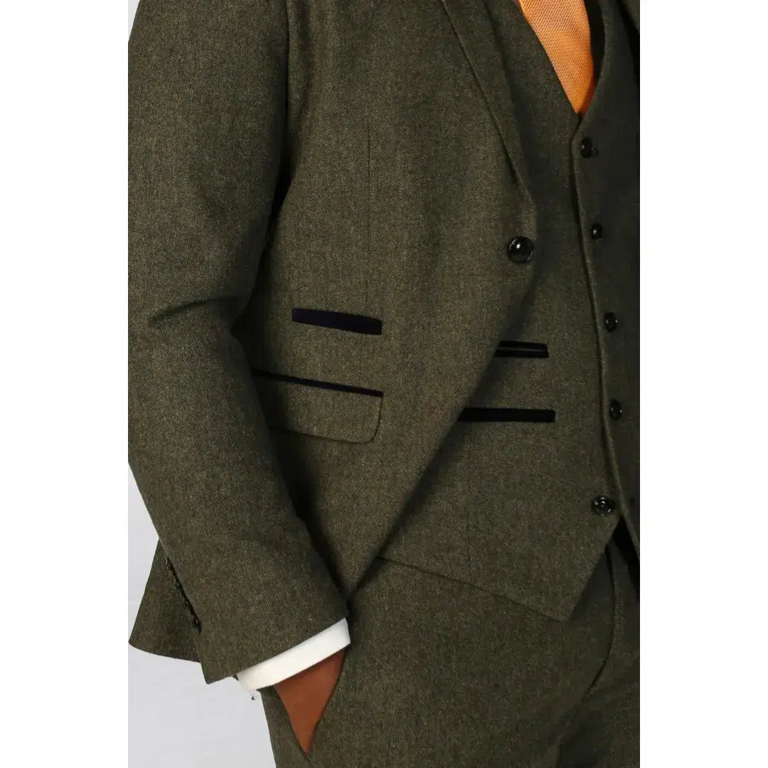 Oscar - Men's 3 Piece Olive Green Wool Blend Tweed Suit