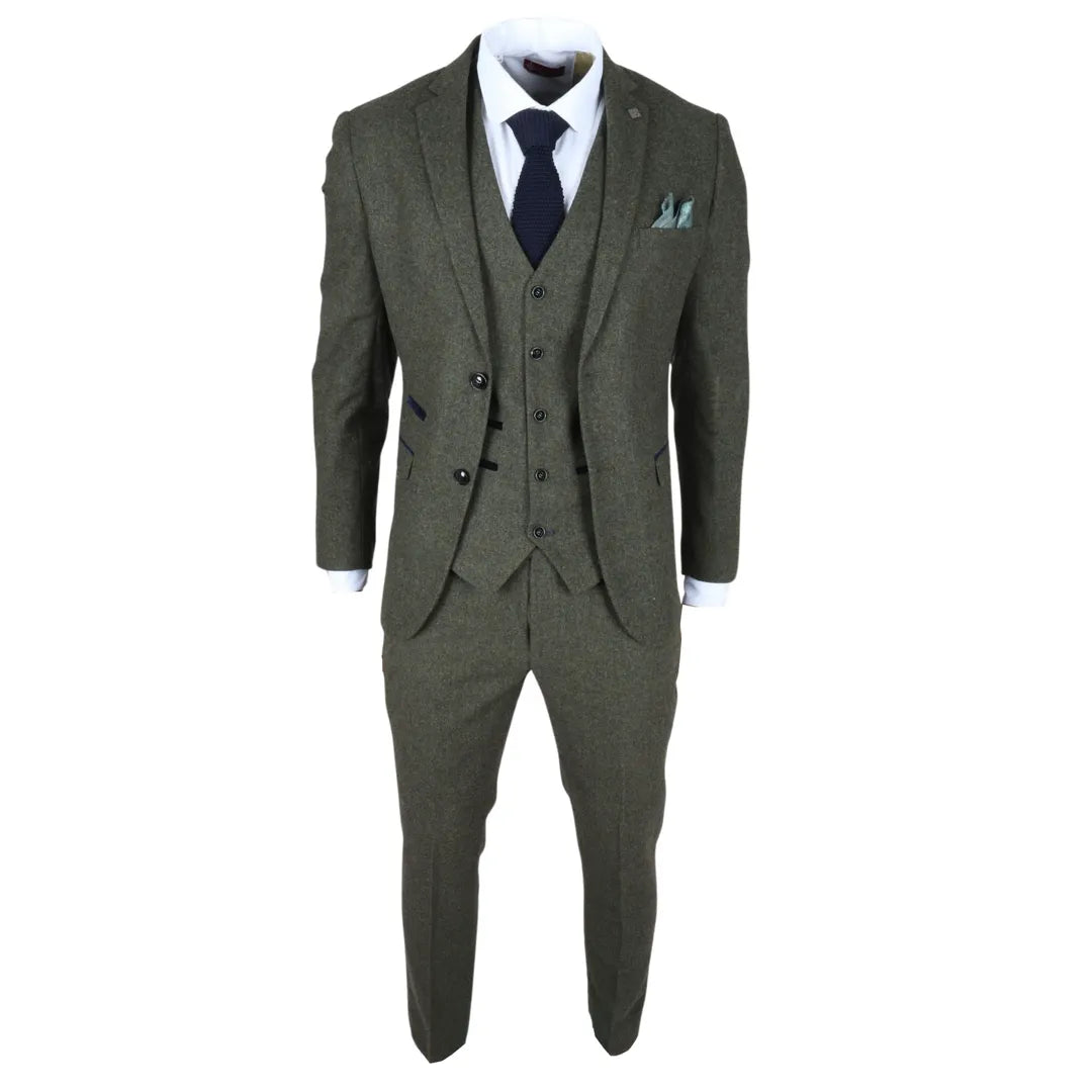 Oscar - Men's 3 Piece Olive Green Wool Blend Tweed Suit