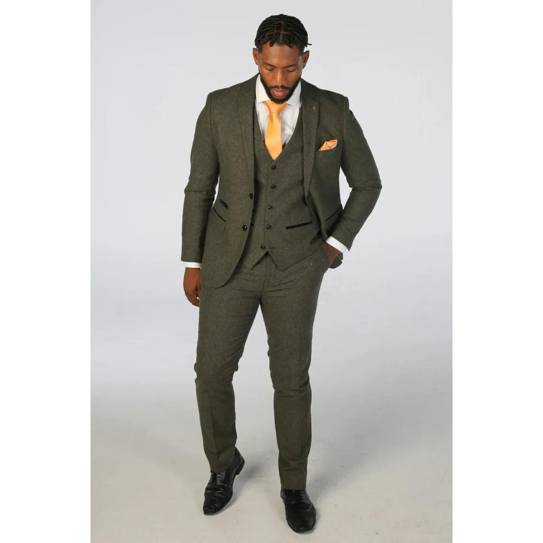 Oscar - Men's 3 Piece Olive Green Wool Blend Tweed Suit