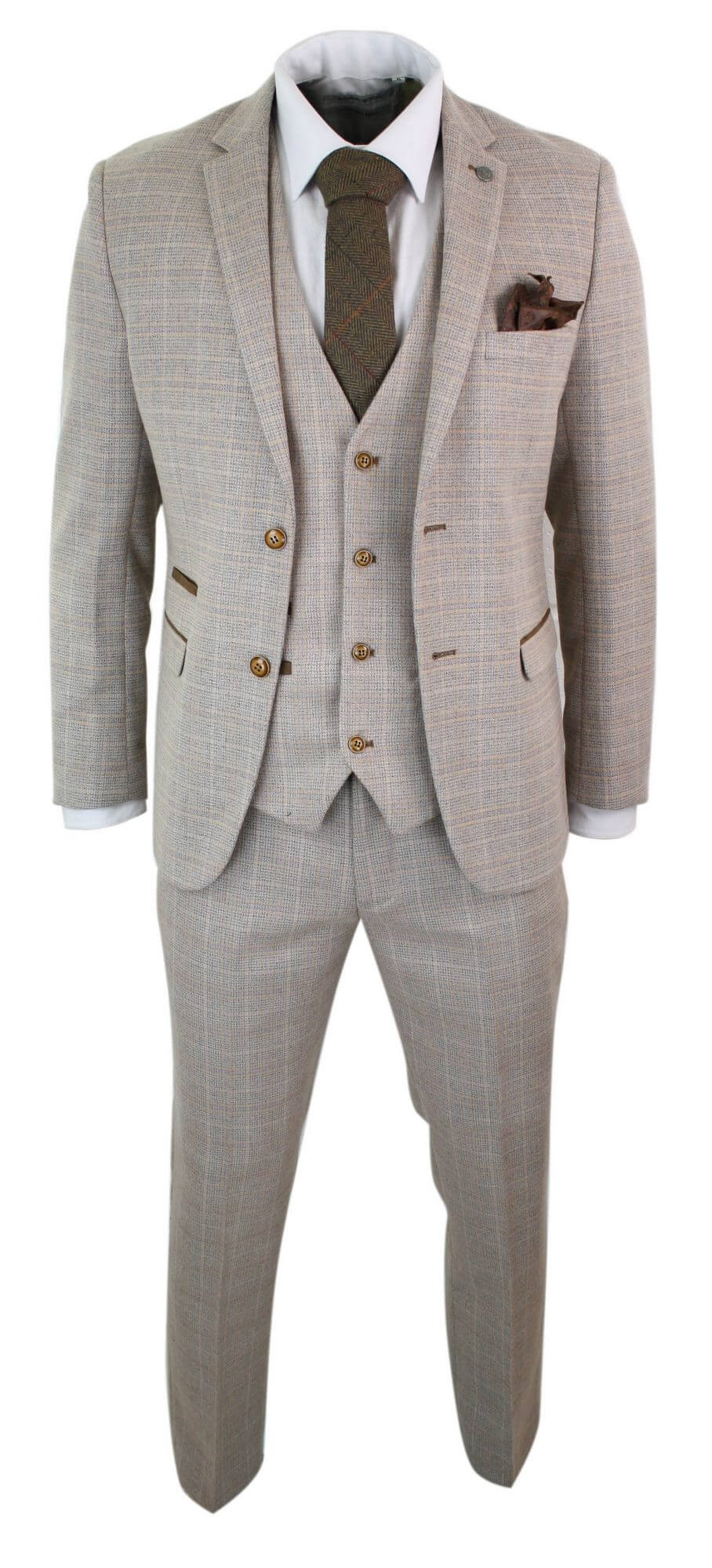 Paul Andrew Holland - Mens Check Tweed Beige Brown 3 Piece Suit Wedding Prom Vintage Retro Classic