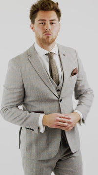 Mens 3 Piece Tweed Check Suit - Cream