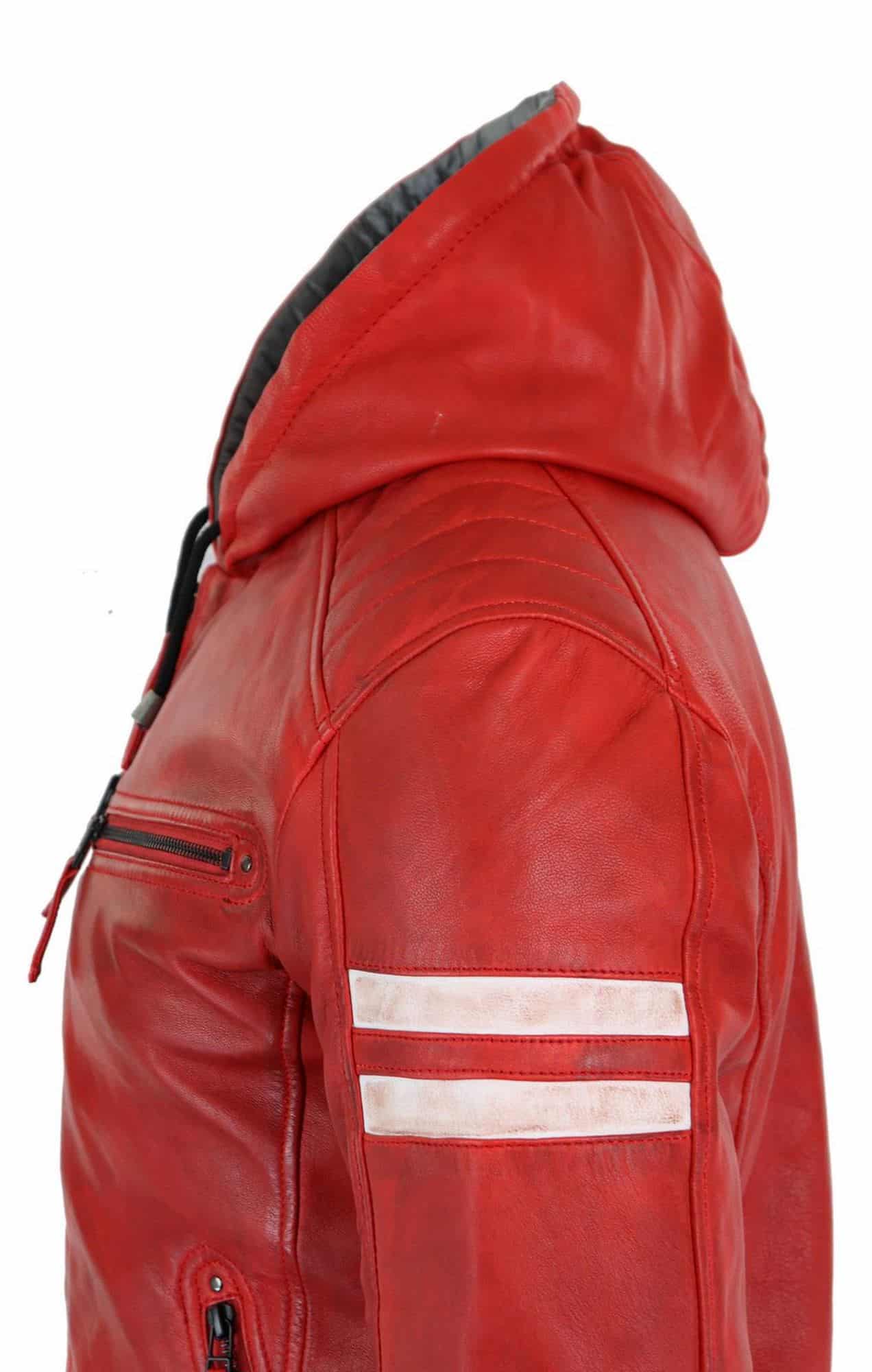 Men's Real Leather Bomber Jacket with Hood-Red