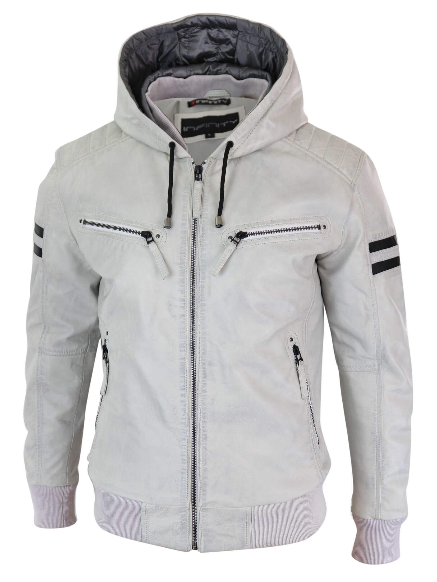Men's Real Leather Bomber Jacket with Hood-White