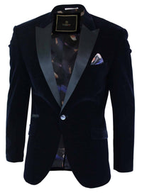 Cavani Rosa - Mens Soft Velvet Black Navy 1 Button Dinner Jacket Tuxedo Blazer Smart Casual Fit-Navy