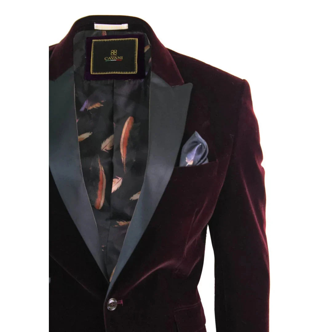 Rosa - Men's Soft Velvet Black Burgundy 1 Button Dinner Jacket Tuxedo Blazer Fit
