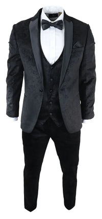 Mens Marc Darcy Velvet Paisley Black Fit 3 Piece Suit Tuxedo Dinner Jacket Wedding
