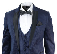 Mens Marc Darcy Velvet Paisley Blue Fit 3 Piece Suit Tuxedo Dinner Jacket Wedding
