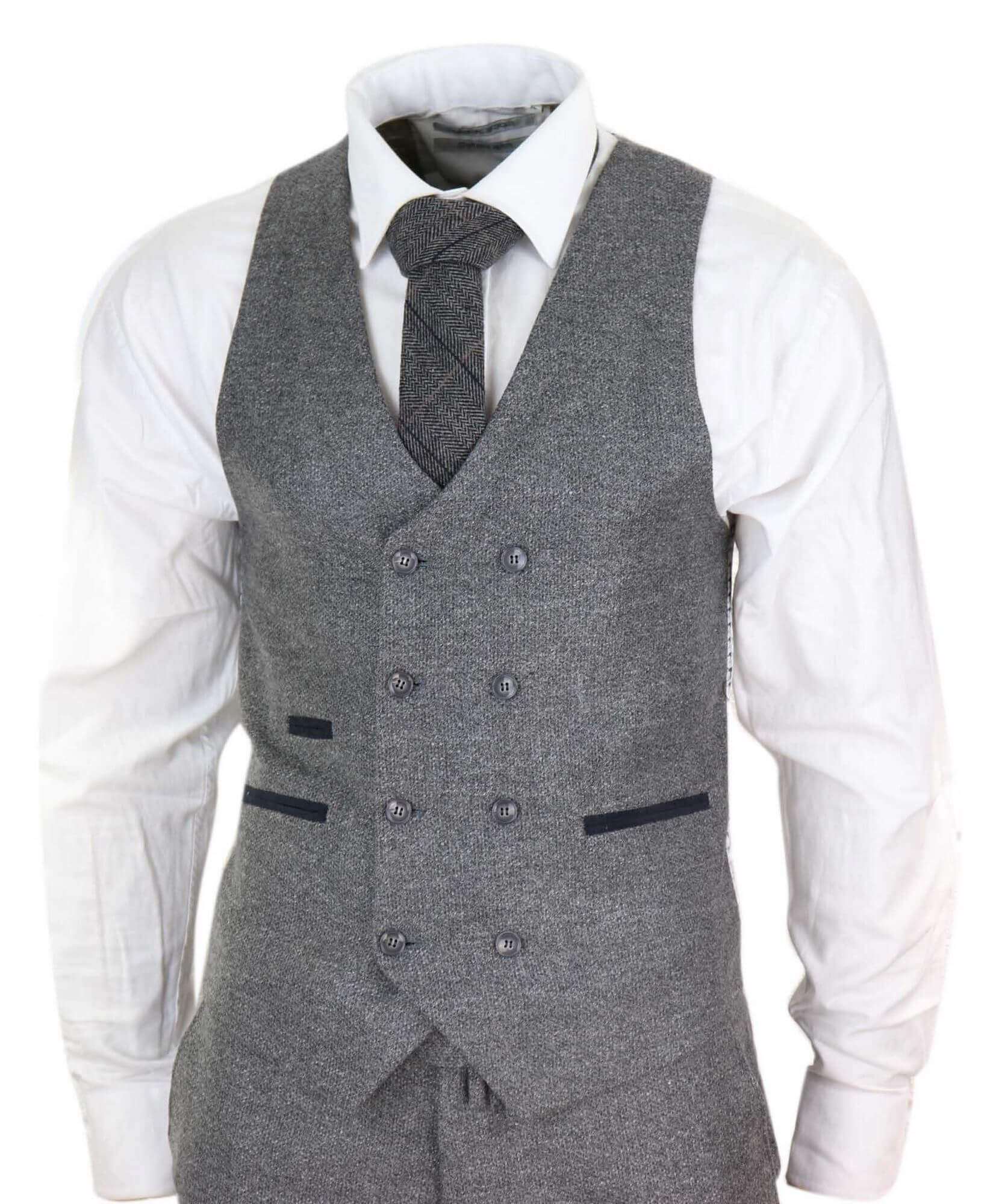 Mens 3 Piece Grey Suit with Double Breasted Waistcoat