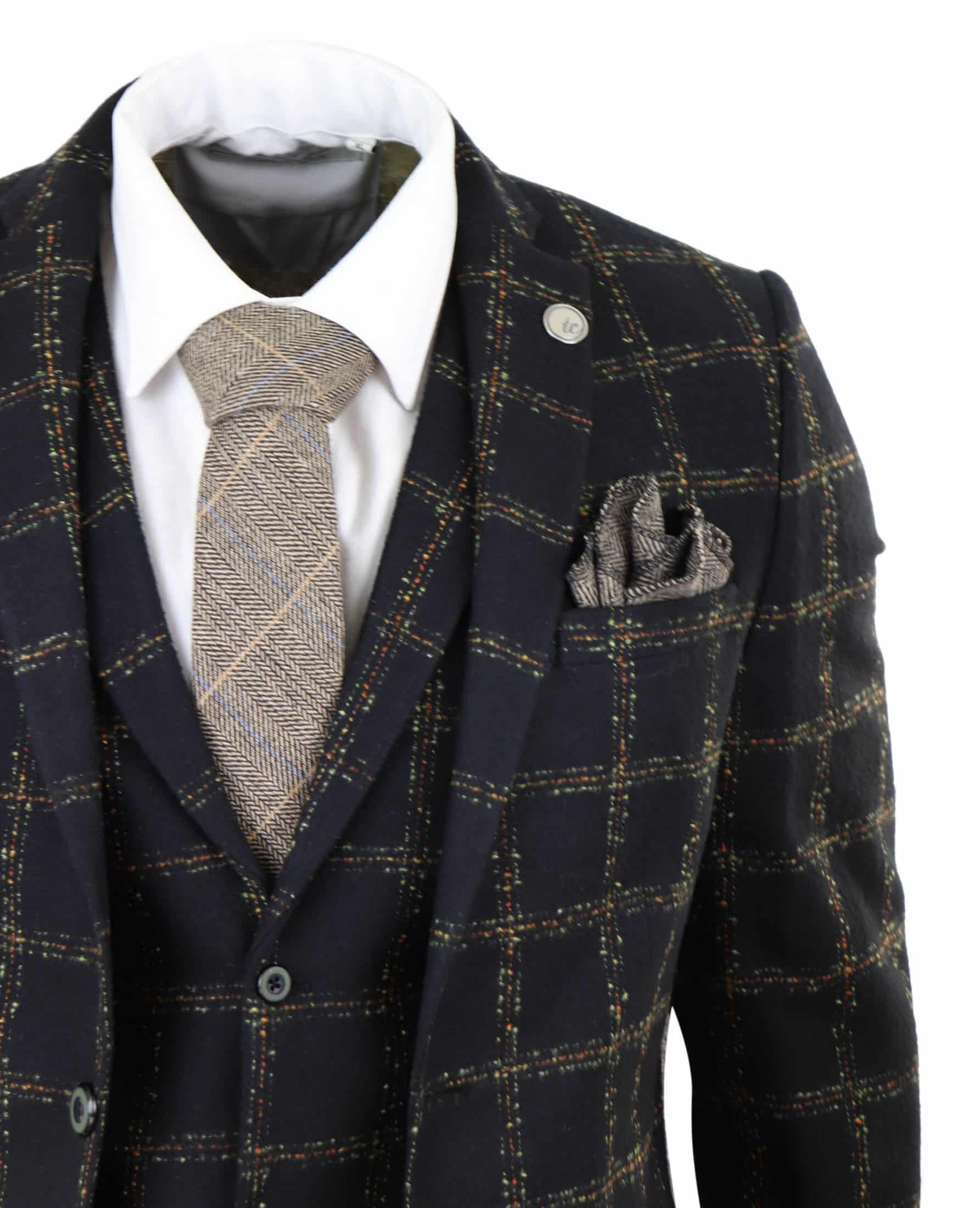 Mens Black - Tan Check Tweed 3 Piece Suit
