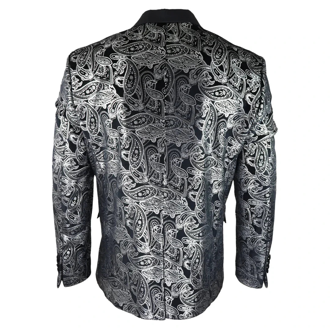 STZ64-65 - Men's Velvet Paisley Floral Blazer Silver Black Tuxedo Jacket