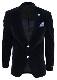 Mens Velvet Blazer Suit Jacket 2 Button Dinner Smart Casual Formal Tailored Fit - Black