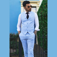 TP-13 - Men's Summer Suit Waistcoat Trousers Linen Formal Baby Blue Wedding