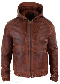 Mens Real Leather Bomber Hood Jacket - Tan