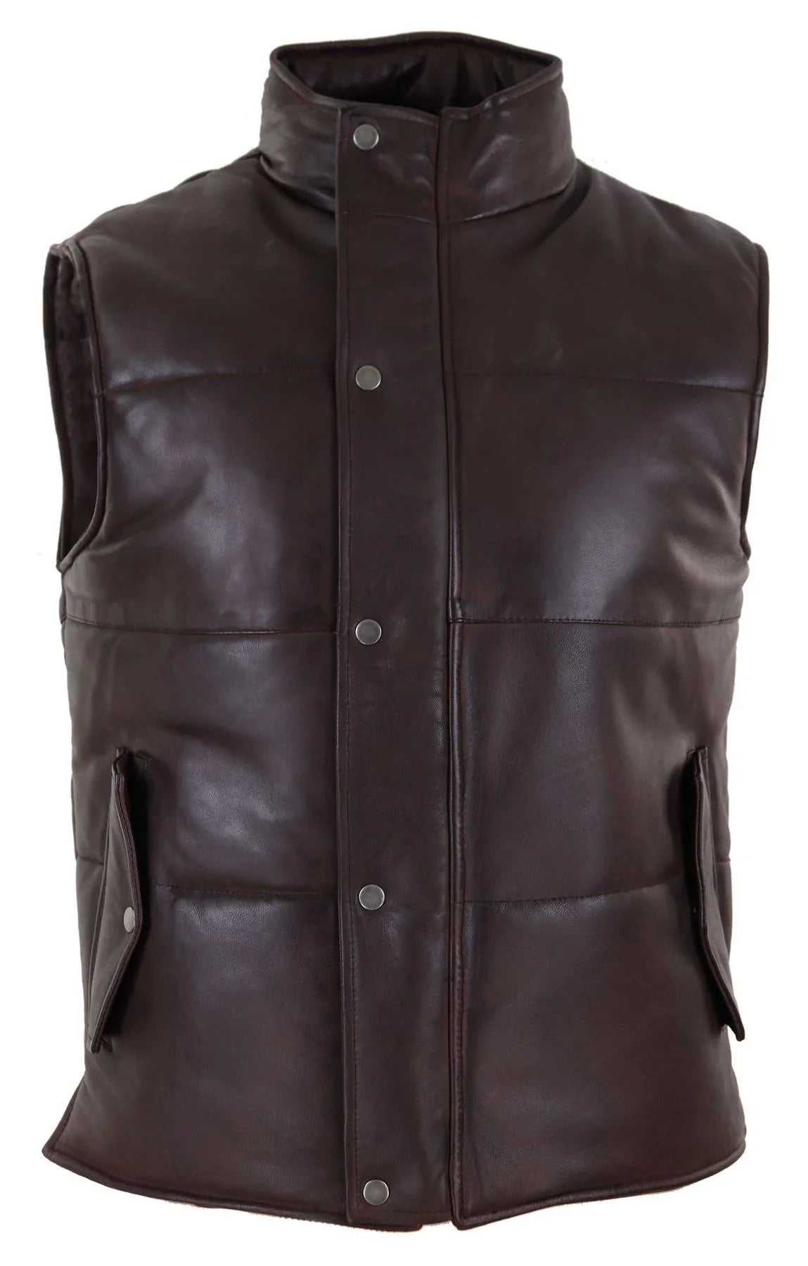 Mens Real Leather Waistcoat Gilet Quilted Puffer Design Warm Zip Casual Brown