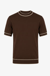 Men’s Brown Knitted T Shirt Regular Fit Contrast Trim Crew Neck Top