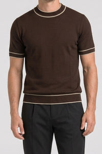 Men’s Brown Knitted T Shirt Regular Fit Contrast Trim Crew Neck Top