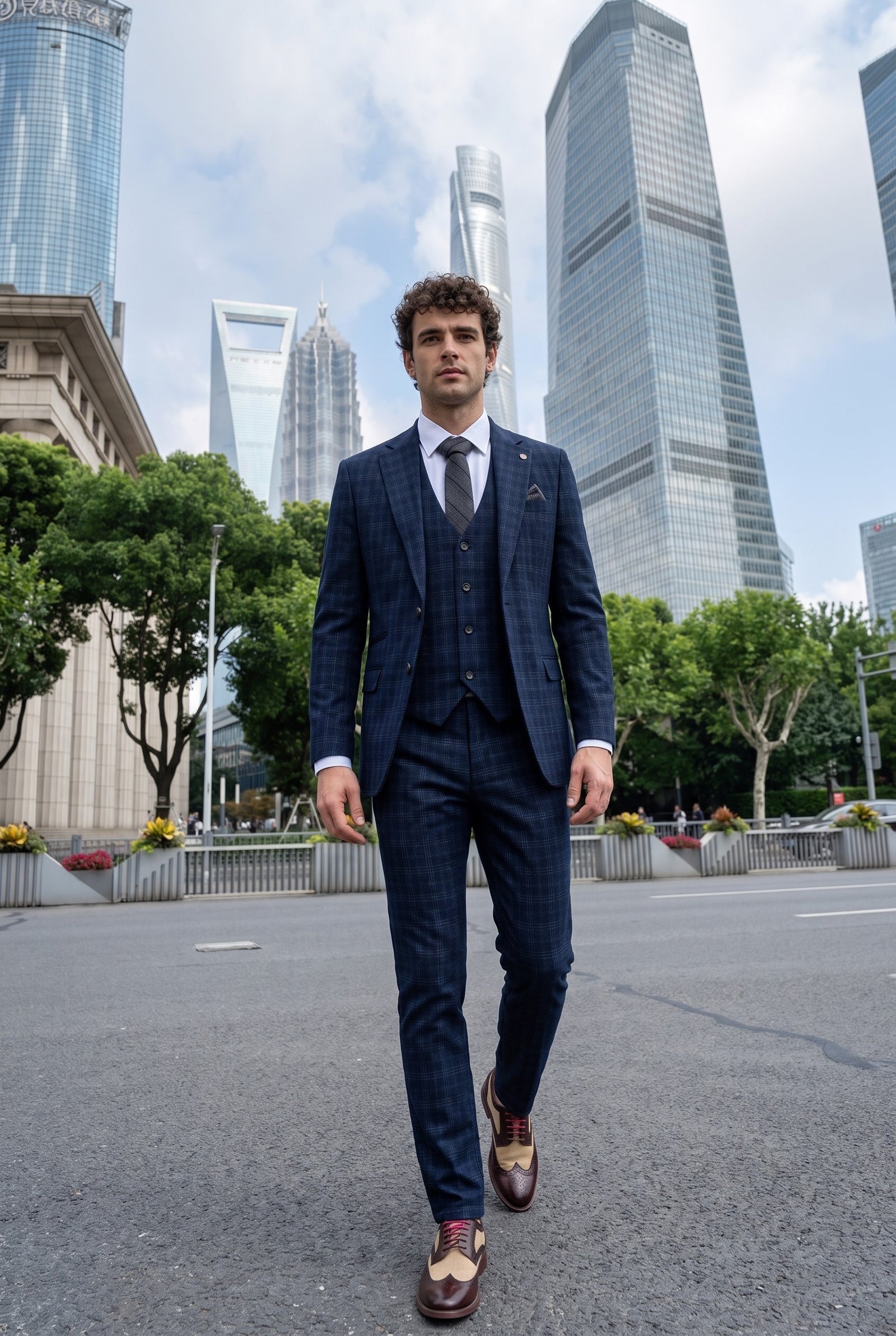 Look #570 styled with Marcos - Men's Navy Blue Plaid Check Slim Fit 3 Piece Suit