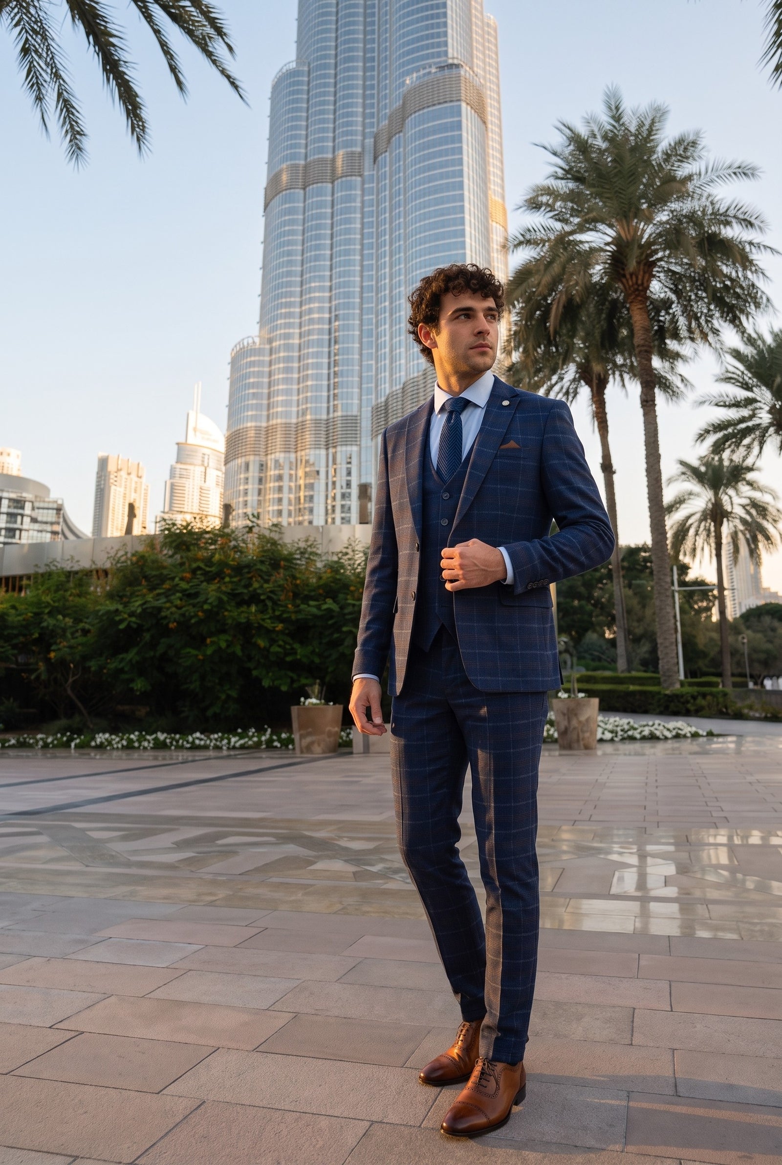 Look #978 styled with Mens Navy-Blue Check 3 Piece Suit - Paul Andrew Kenneth