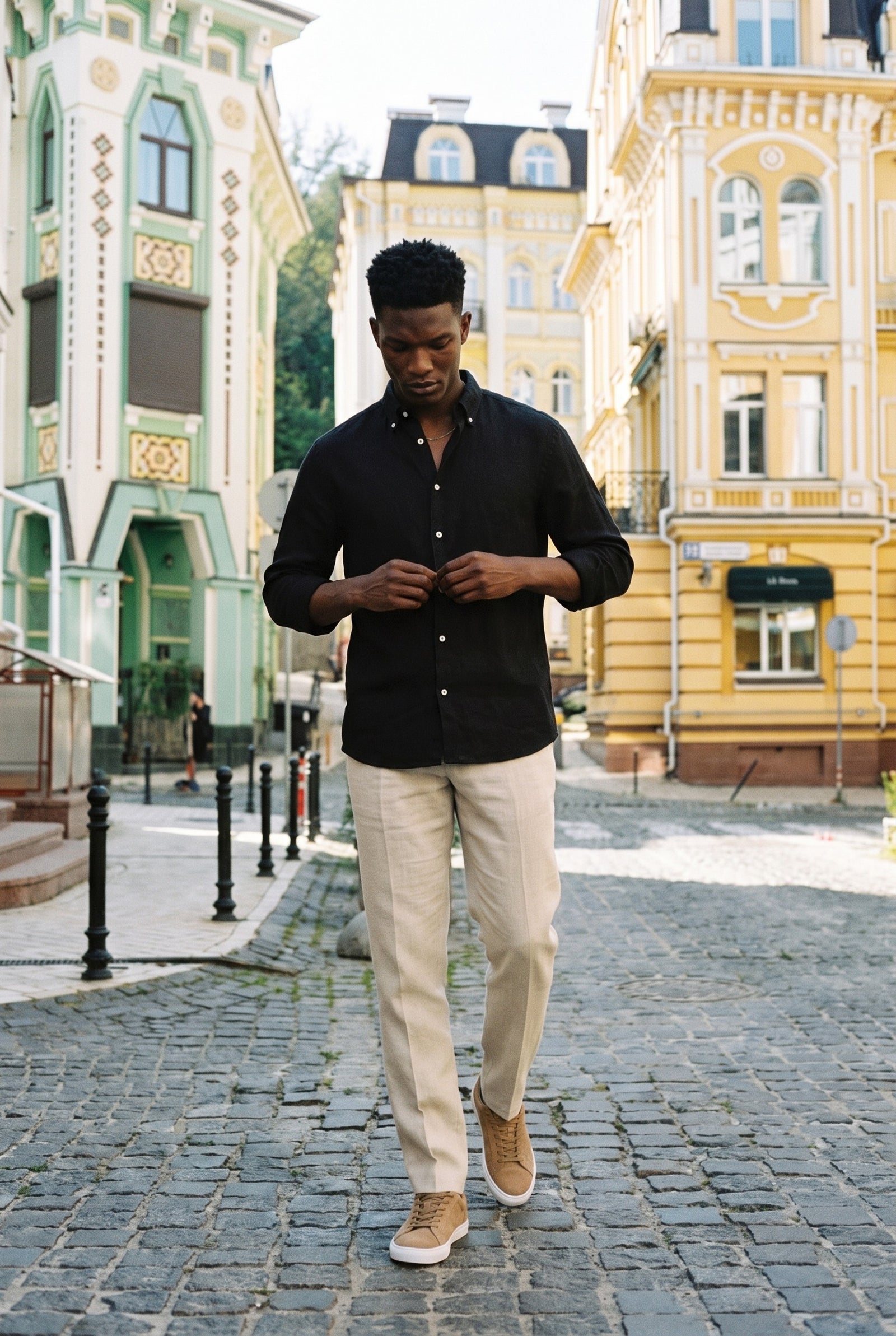 Look #1015 styled with Men’s Beige 100% Linen Pleated Drawstring Trousers Relaxed Straight Fit